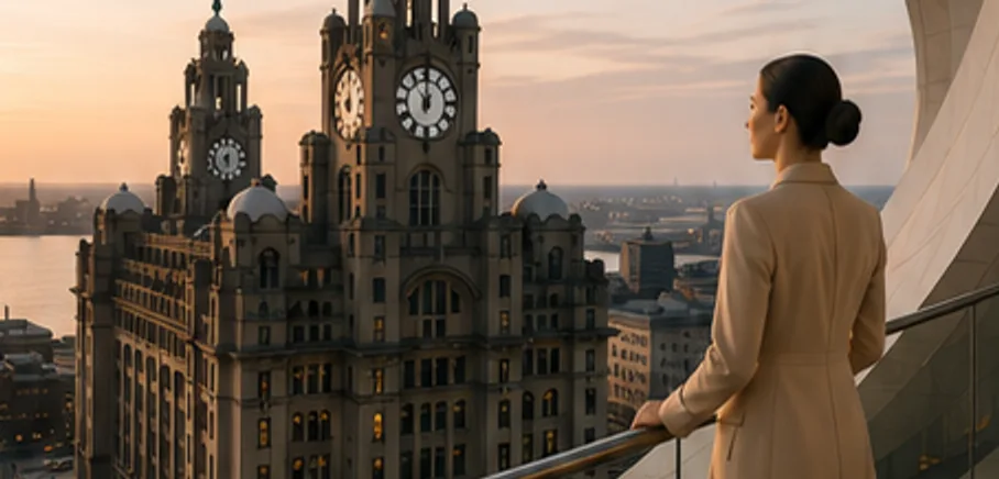 The Royal Liver Building’s clock towers at dusk