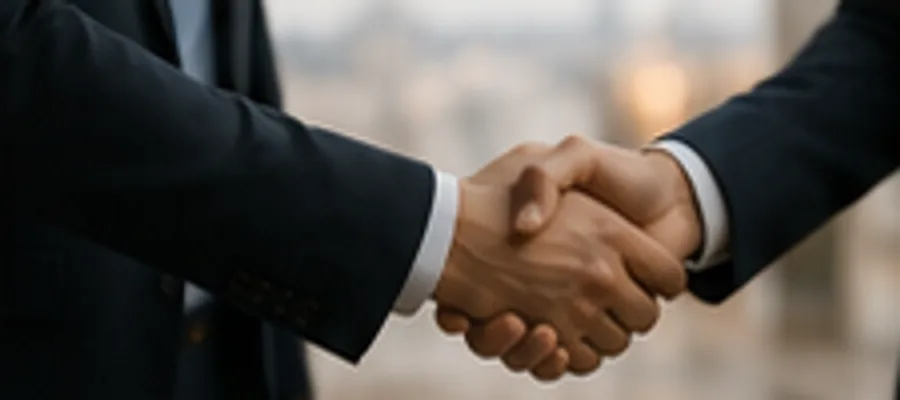 Two executives shaking hands to mark a new healthcare partnership