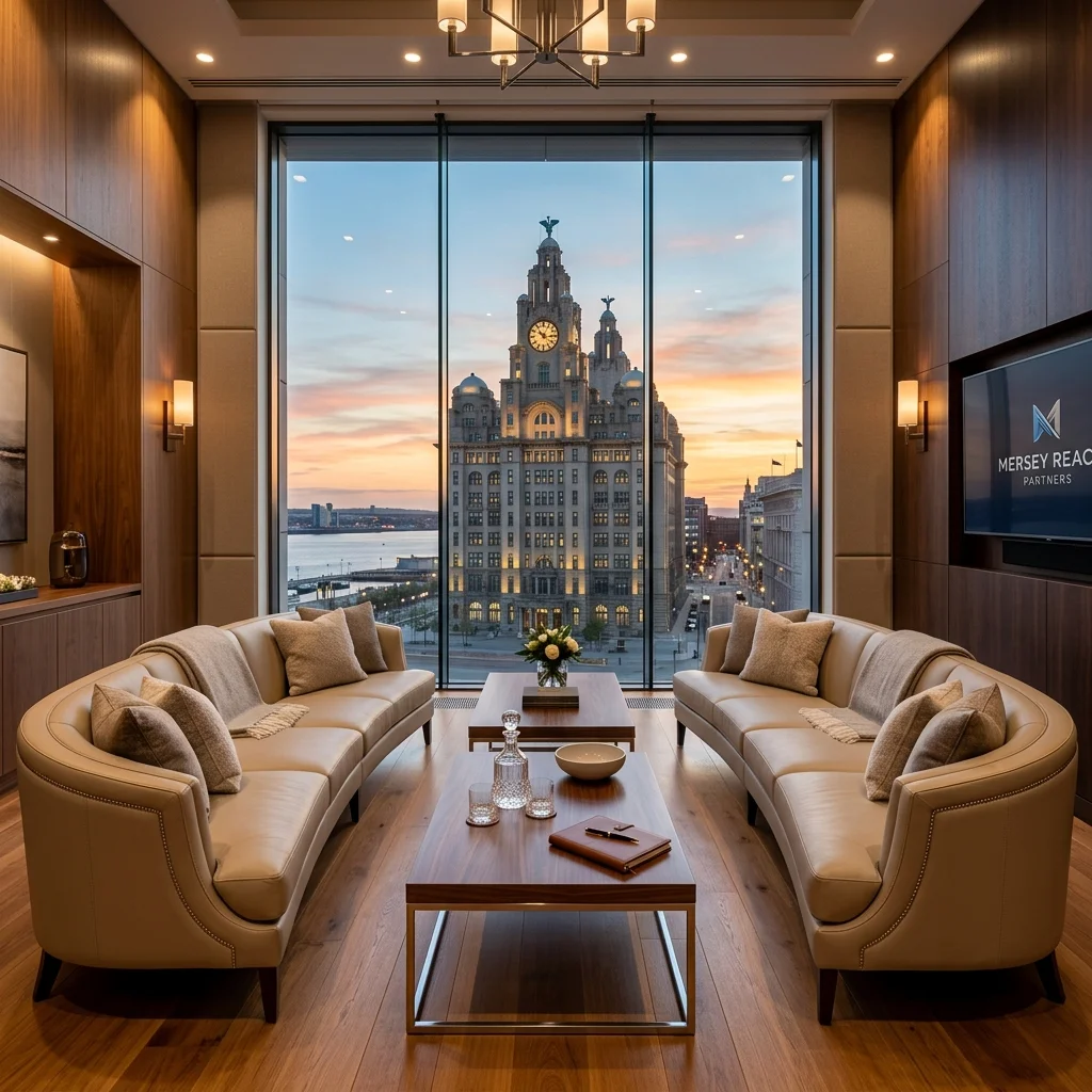 A luxury executive boardroom with a long dark marble table beneath a halo light, the Royal Liver Medical Group crest on the far wall