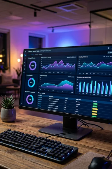 SentriQ futuristic clinical intelligence dashboard on a desktop monitor