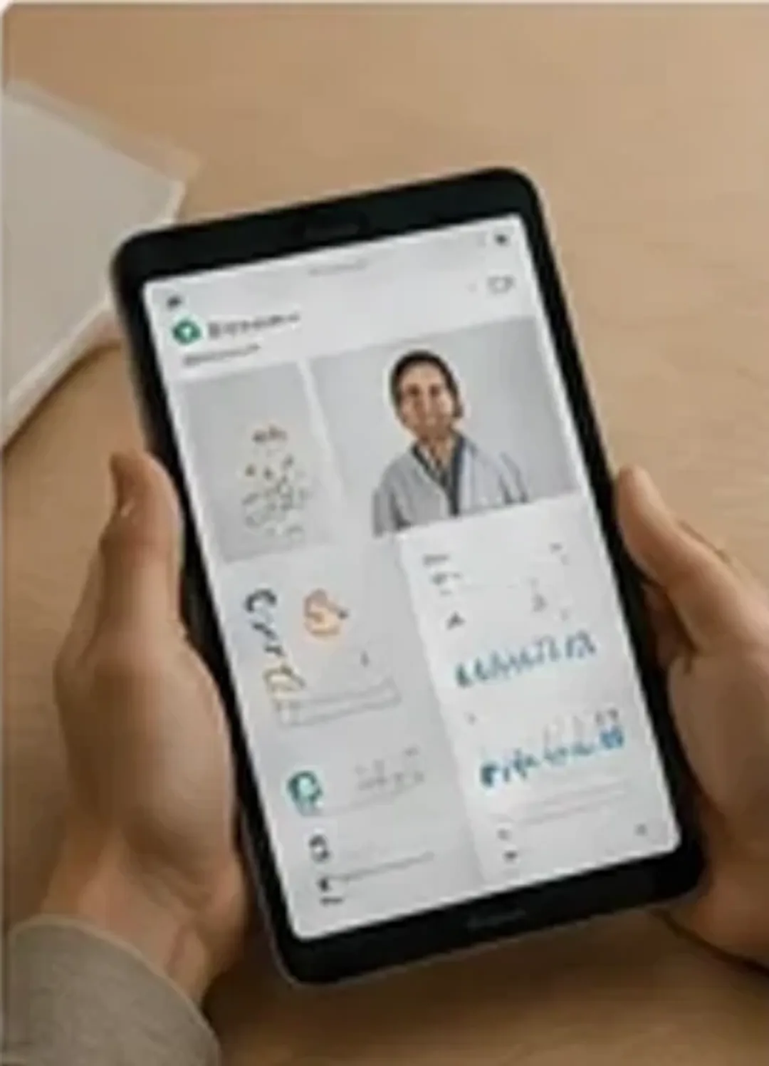 A patient holding a tablet showing a video consultation with a clinician