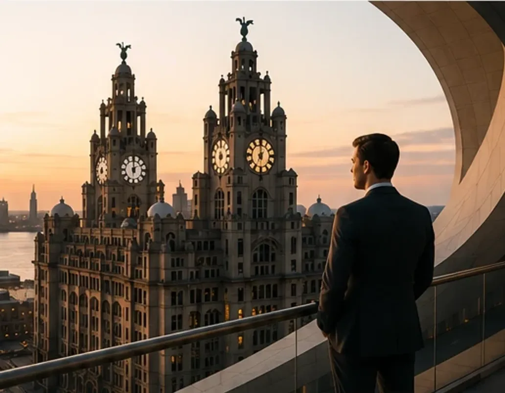 A man in a dark suit at dusk, overlooking the illuminated Royal Liver Building and the Liverpool waterfront