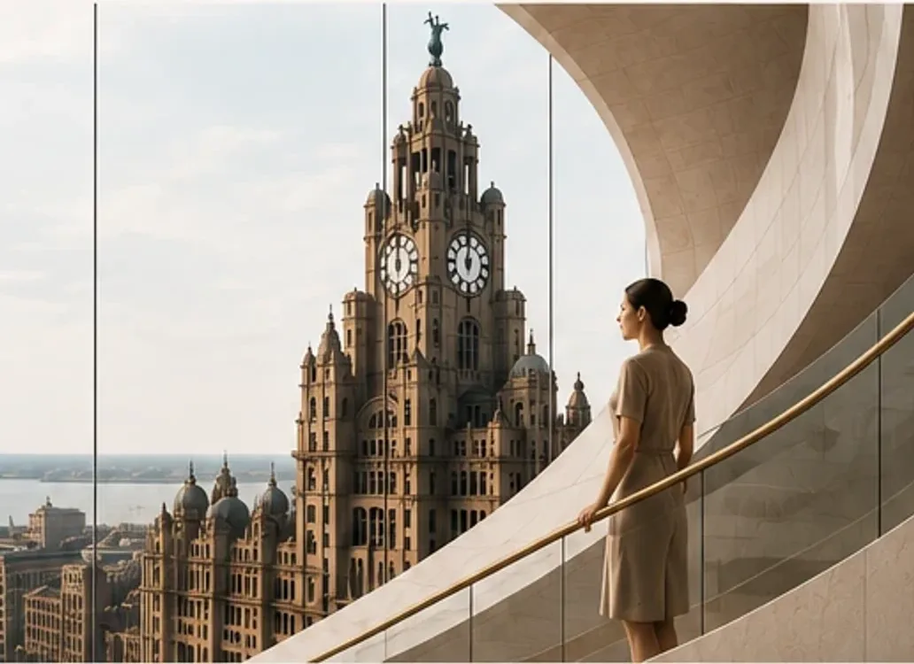 A clinician on a curved marble walkway looking out towards the Royal Liver Building and the Liverpool waterfront