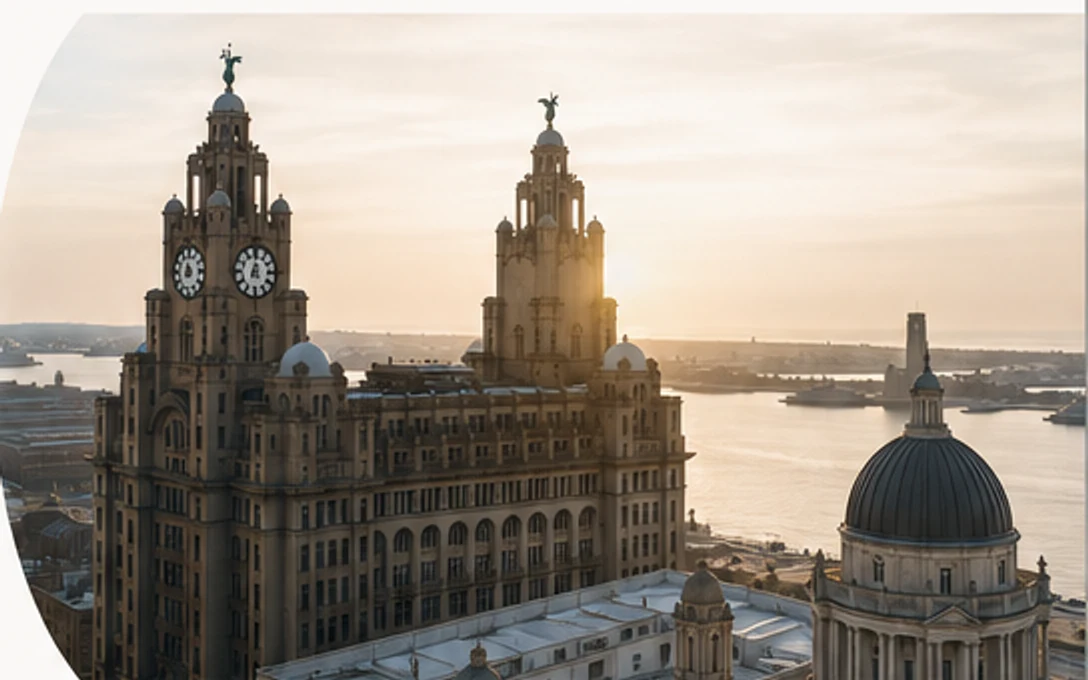 The Royal Liver Building at sunset above the Liverpool waterfront