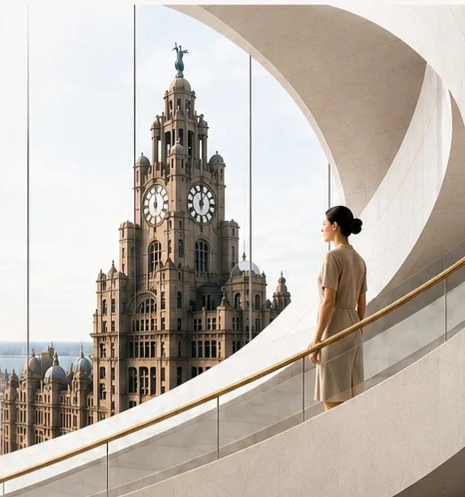 The Royal Liver Building rising above the Liverpool waterfront