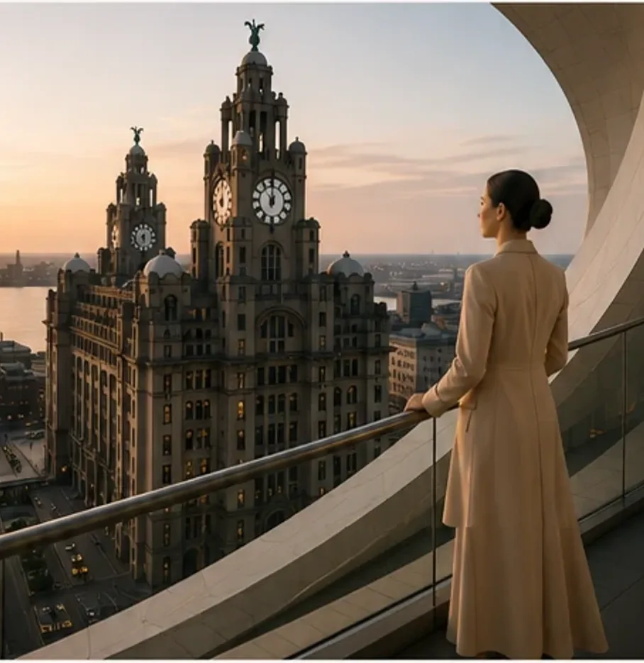 A woman looks out from a curved balcony towards the Royal Liver Building at sunset