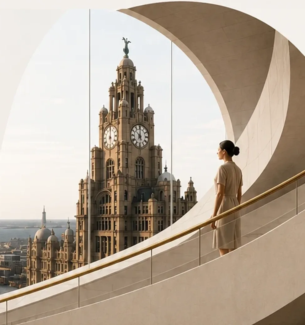 A clinician on a curved marble balcony looking out over the Royal Liver Building and the Liverpool waterfront