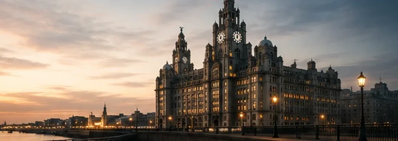 The Royal Liver Building at dusk from the Liverpool waterfront, its clock towers and facade warmly lit