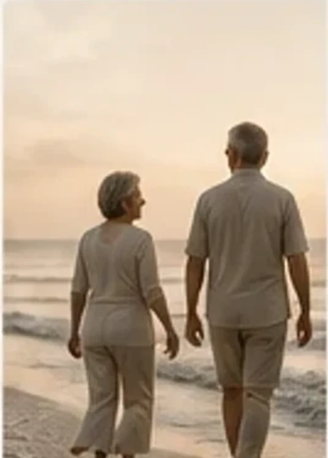 An older couple walking together along the shoreline at golden hour