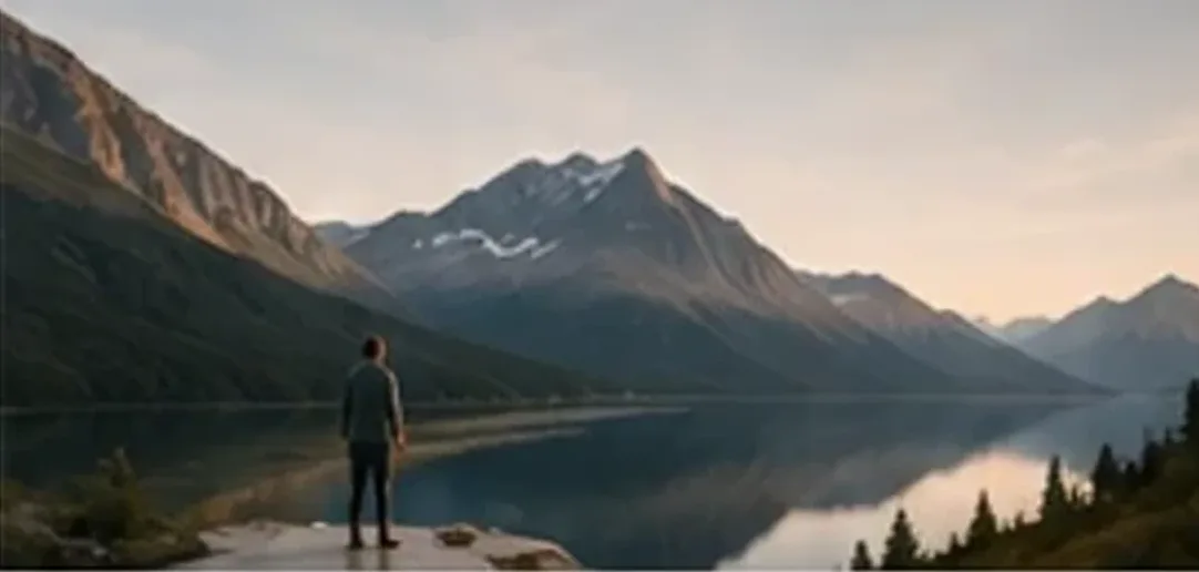 Figure standing before a still mountain lake at first light
