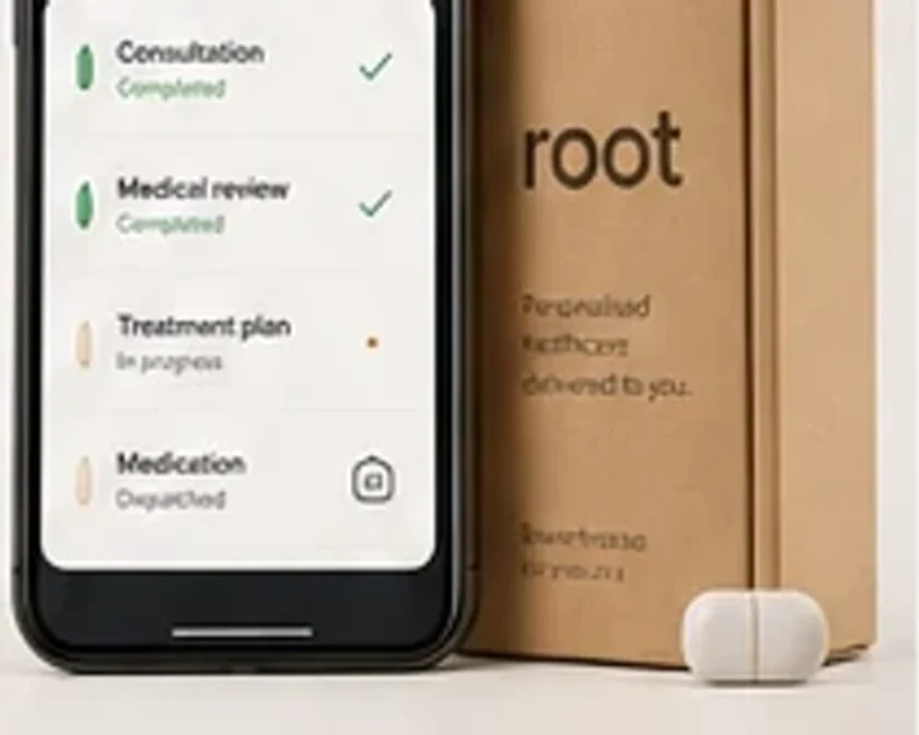 Root supplement bottle beside the Root digital health app on a smartphone