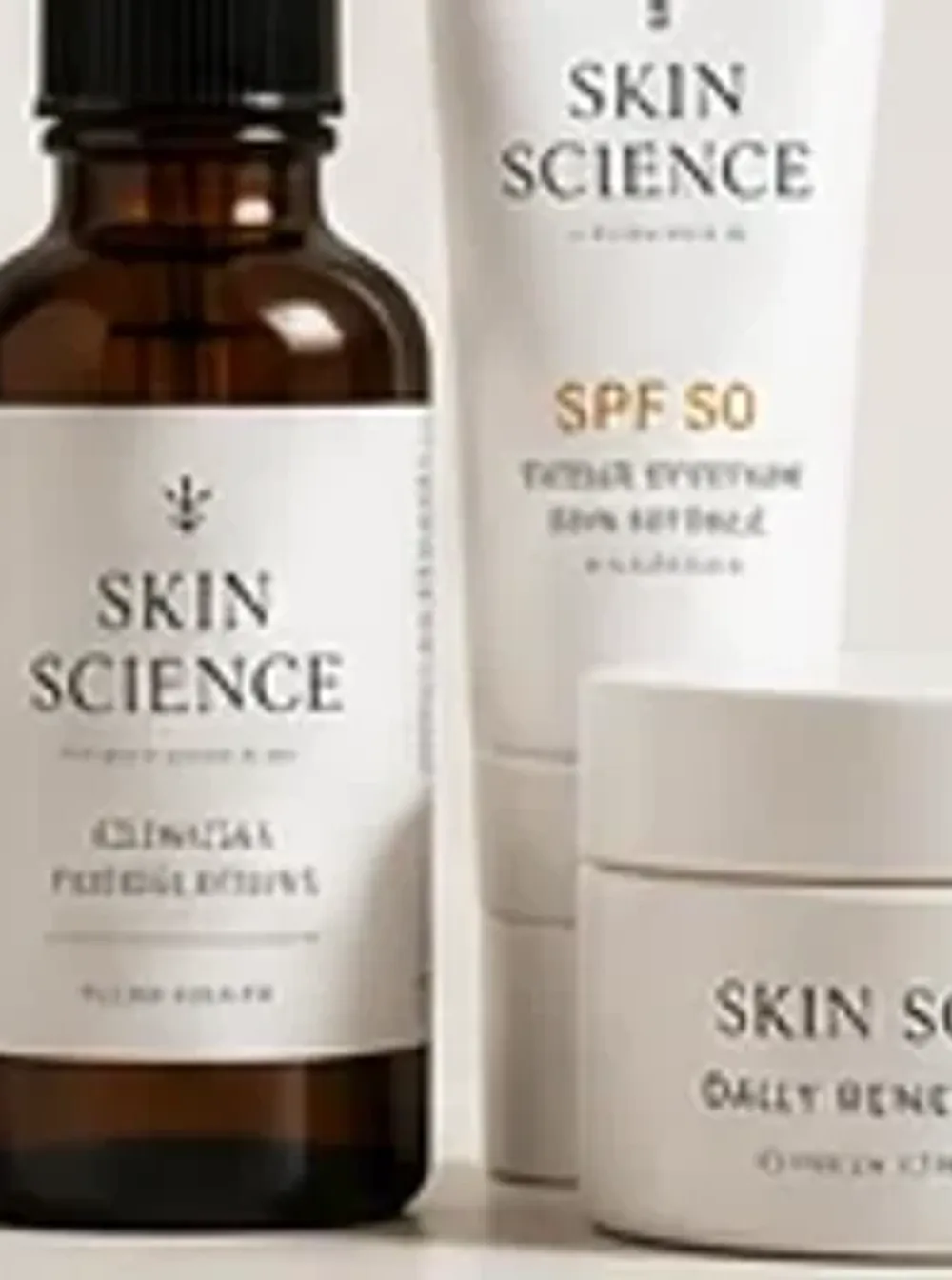 Science led skincare bottles and jars arranged in soft natural light