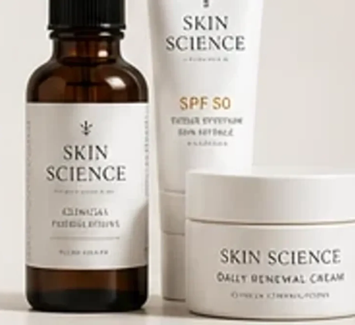 Skin Science clinical skincare range — serum bottle, tube and treatment jar