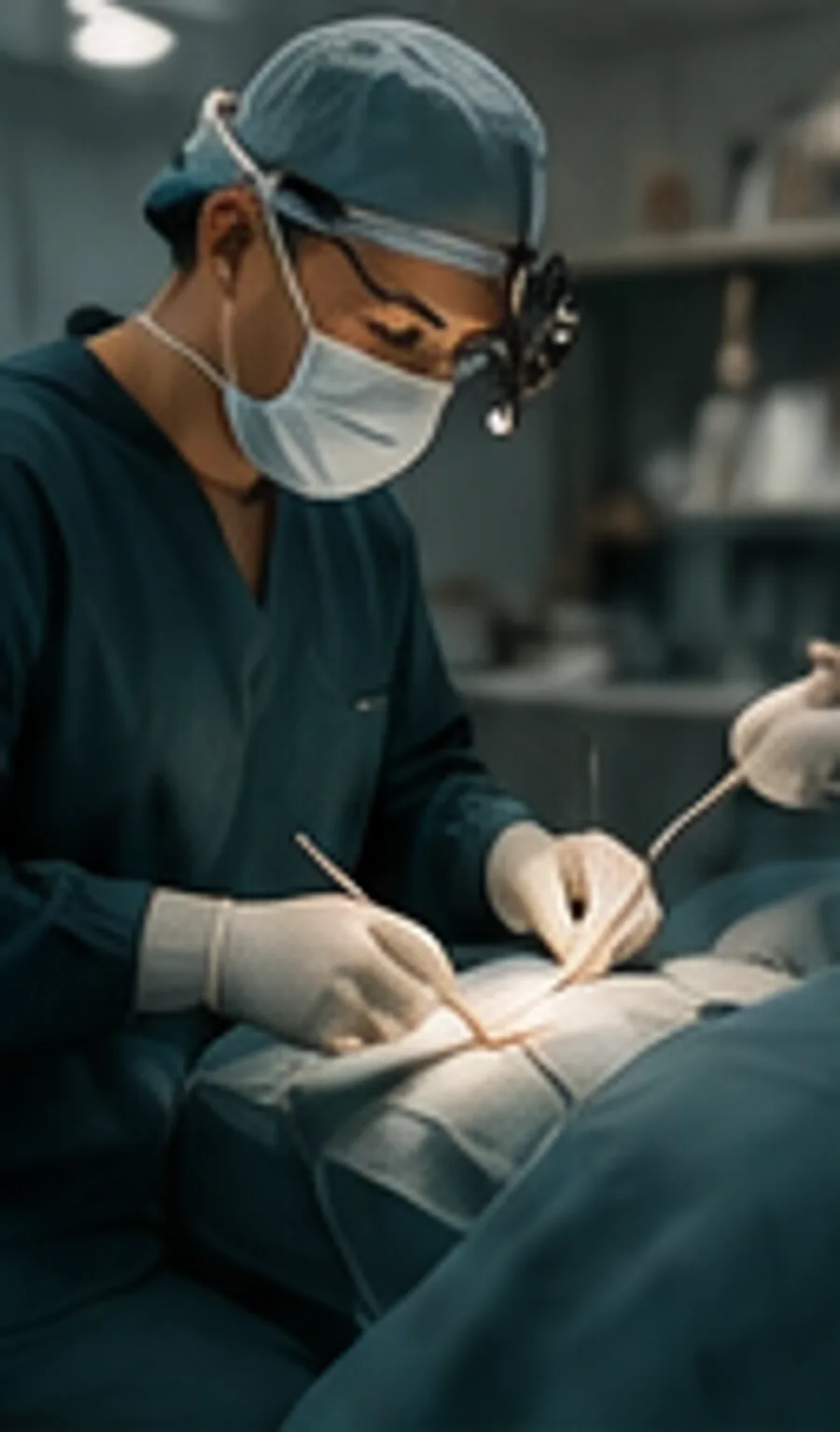 A specialist surgeon in theatre attire, focused mid-procedure