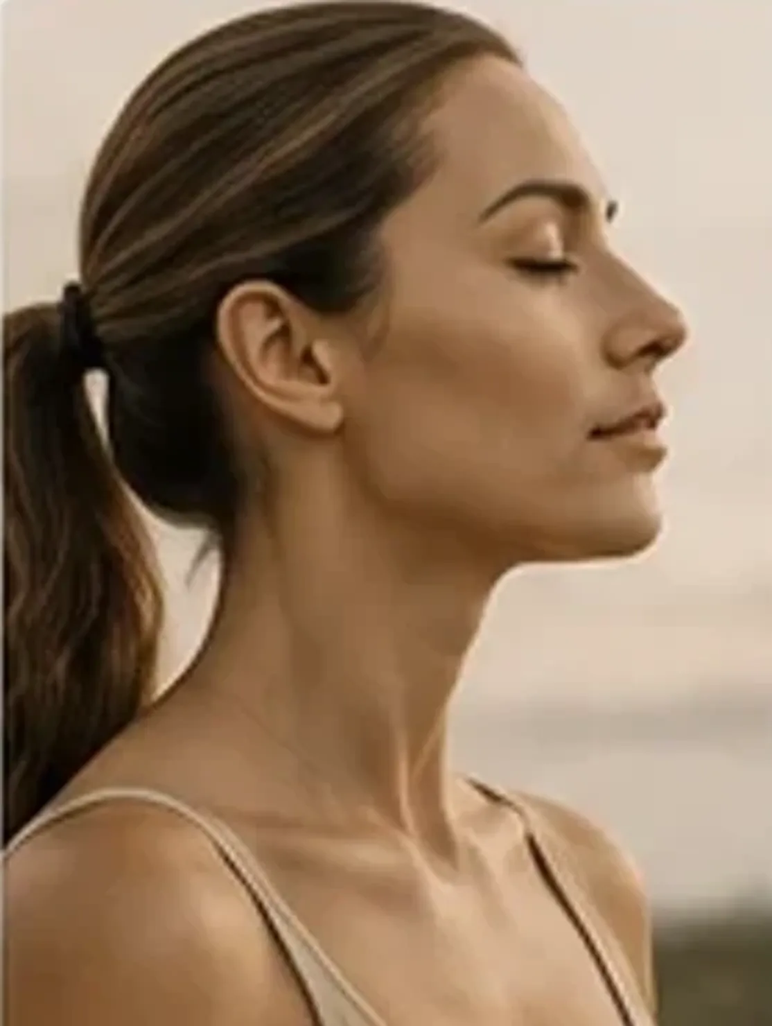 A woman with eyes closed in soft natural light, a picture of calm and wellbeing